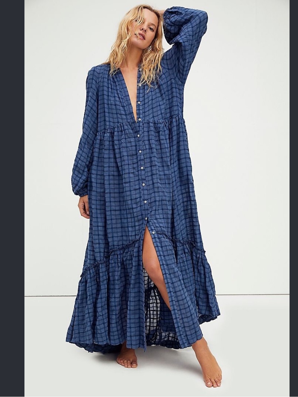 Free People Edie Maxi Dress Blue Plaid Prairie Cottagecore Oversized Dress Large